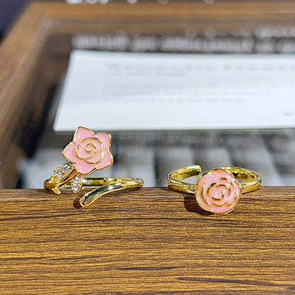 Sweet Flowers Open Rings For Women In Copper With Enamel Craft And Zircon Inlay
