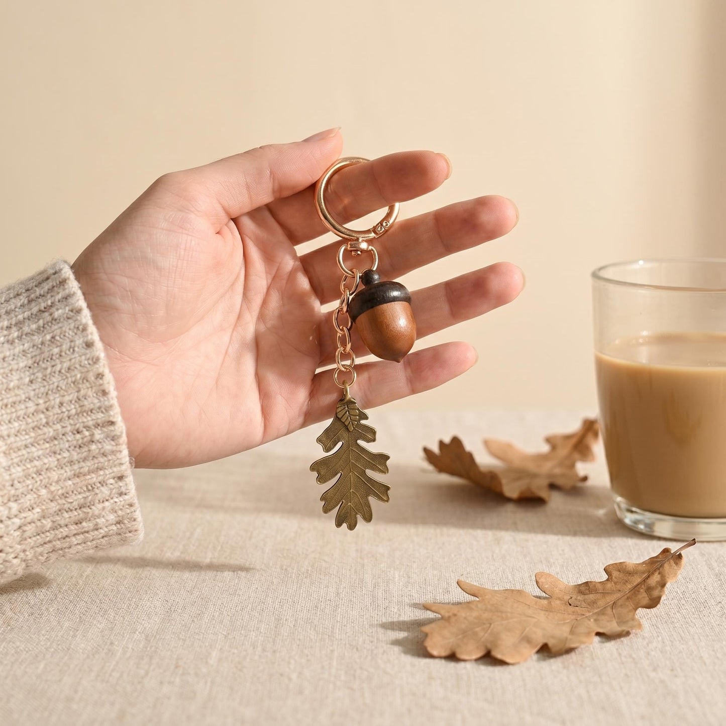 Maple Leaf Bronze Key Chain With Wood Material, New Year Bag Charm Accessory