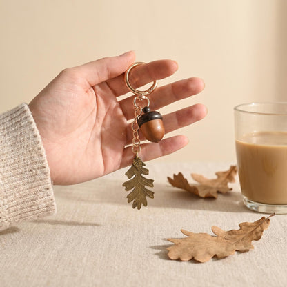 Maple Leaf Bronze Key Chain With Wood Material, New Year Bag Charm Accessory