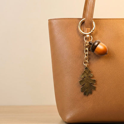 Maple Leaf Bronze Key Chain With Wood Material, New Year Bag Charm Accessory