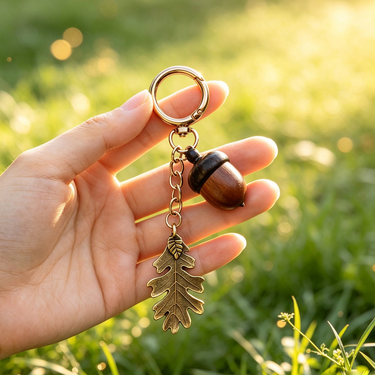 Maple Leaf Bronze Key Chain With Wood Material, New Year Bag Charm Accessory