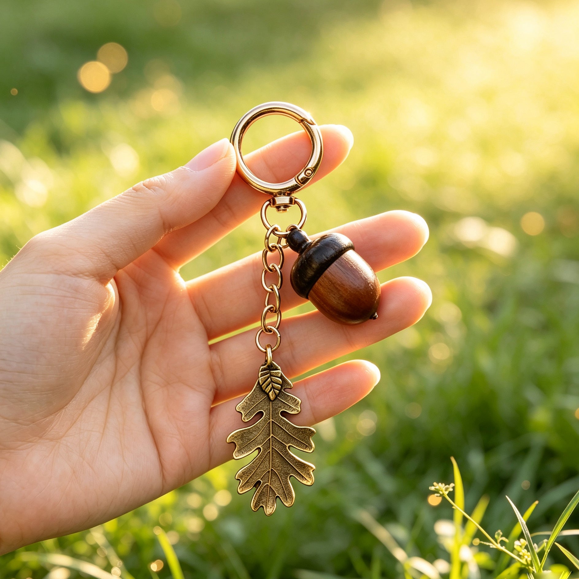 Maple Leaf Bronze Key Chain With Wood Material, New Year Bag Charm Accessory