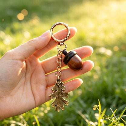 Maple Leaf Bronze Key Chain With Wood Material, New Year Bag Charm Accessory