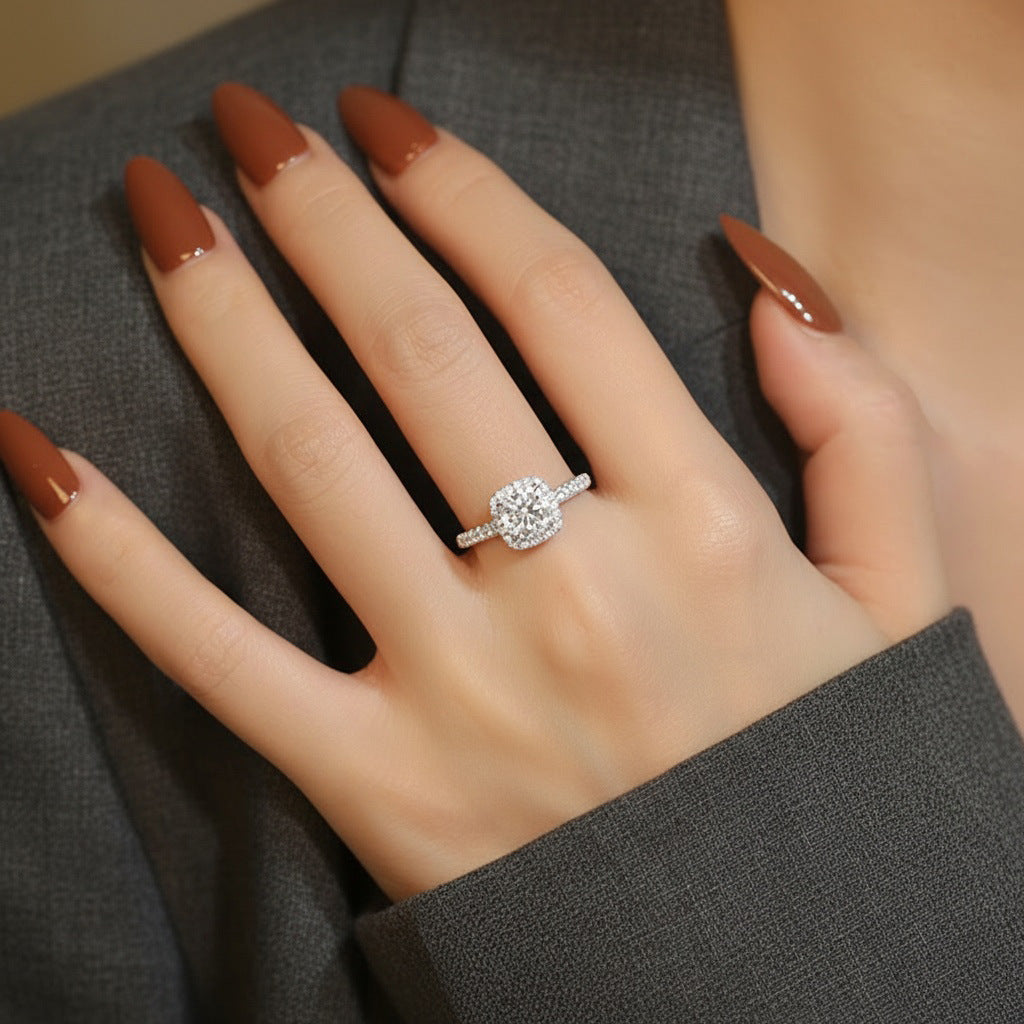 Square Copper Ring With Moissanite Inlay For Women, Elegant Engagement Jewelry