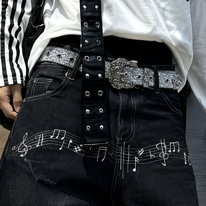 Sparkly Unisex Belt In Dyed Black PU Leather With Pin Buckle