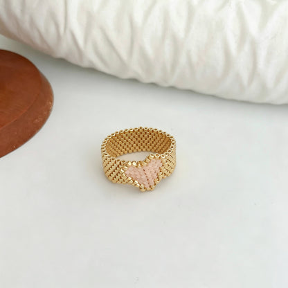 Sweet Heart Shape Ring For Women In Gold Seed Bead Material, Handmade With Delicate Craftsmanship