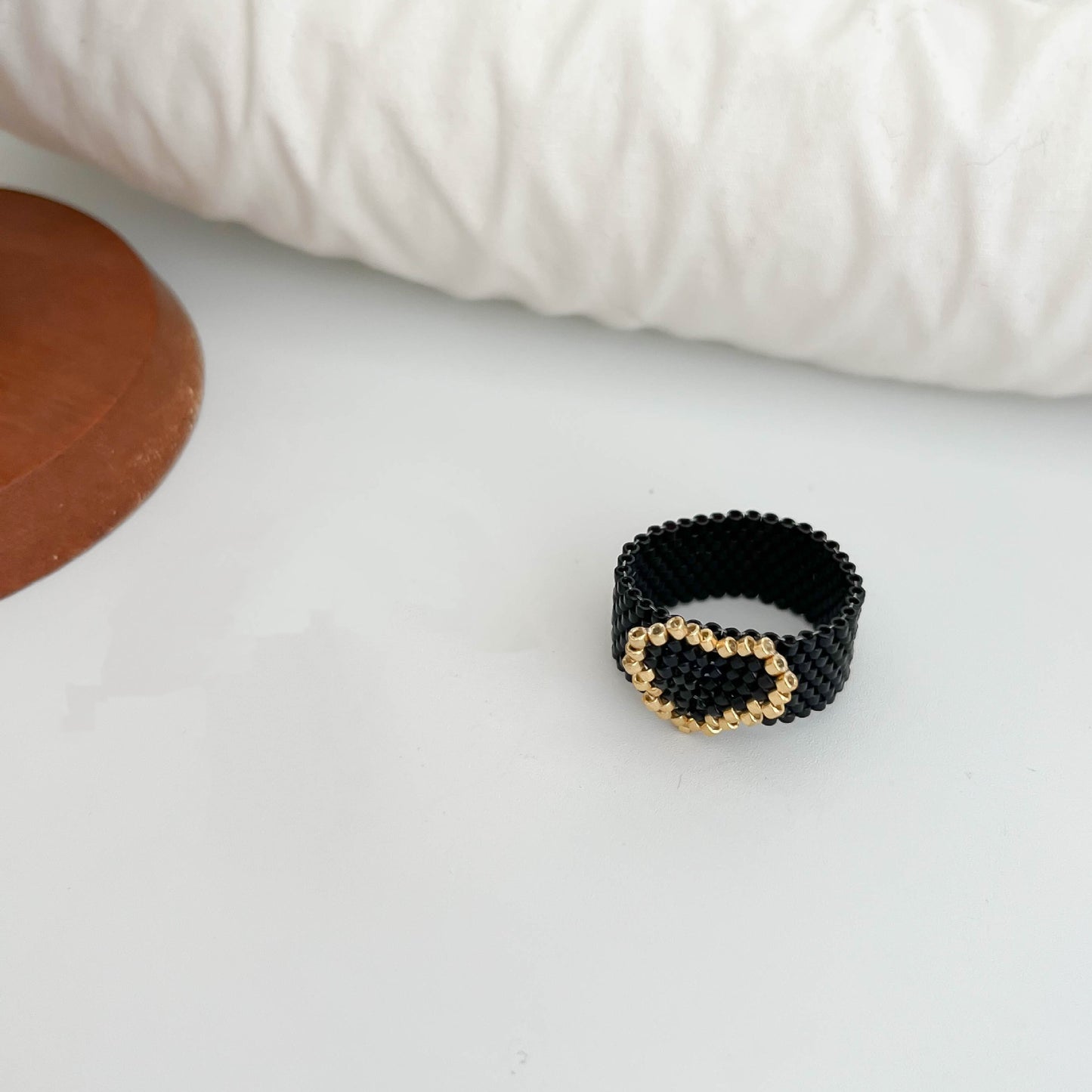 Sweet Heart Shape Ring For Women In Gold Seed Bead Material, Handmade With Delicate Craftsmanship