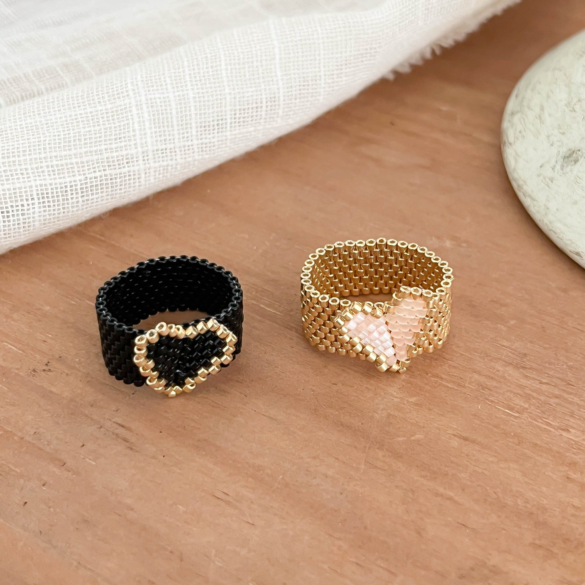 Sweet Heart Shape Ring For Women In Gold Seed Bead Material, Handmade With Delicate Craftsmanship