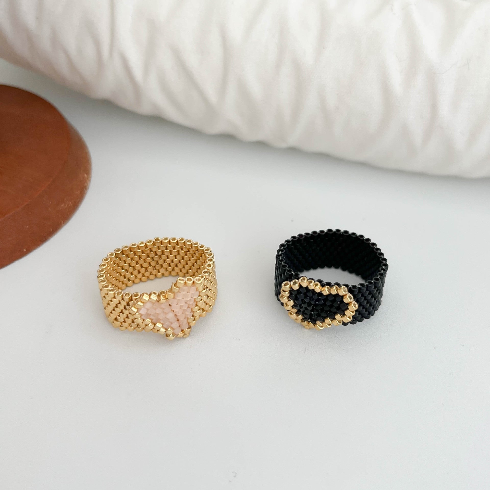 Sweet Heart Shape Ring For Women In Gold Seed Bead Material, Handmade With Delicate Craftsmanship