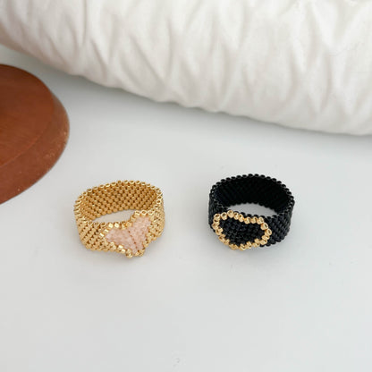 Sweet Heart Shape Ring For Women In Gold Seed Bead Material, Handmade With Delicate Craftsmanship