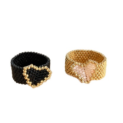 Sweet Heart Shape Ring For Women In Gold Seed Bead Material, Handmade With Delicate Craftsmanship