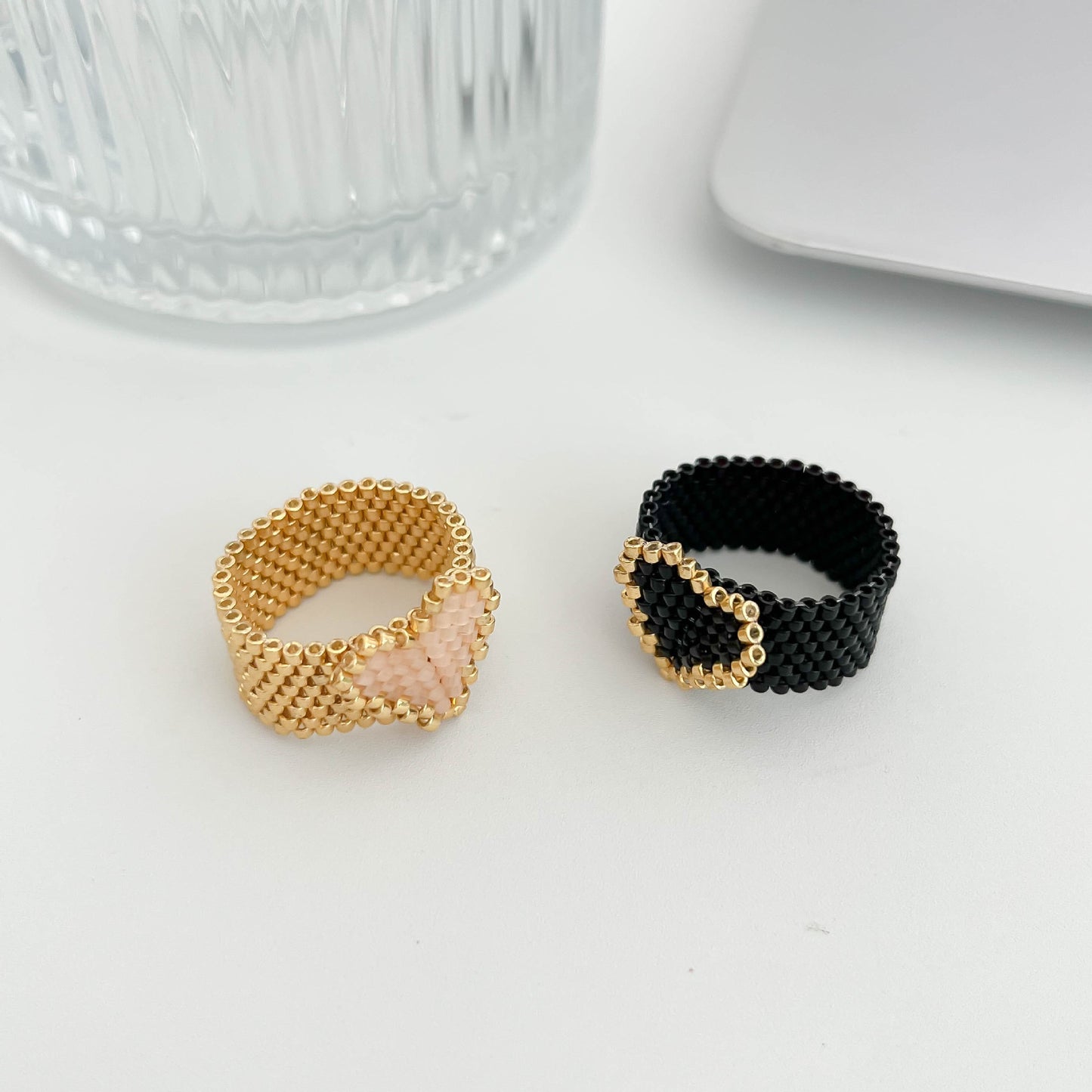 Sweet Heart Shape Ring For Women In Gold Seed Bead Material, Handmade With Delicate Craftsmanship