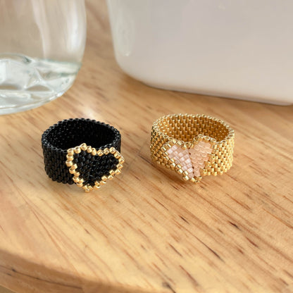Sweet Heart Shape Ring For Women In Gold Seed Bead Material, Handmade With Delicate Craftsmanship