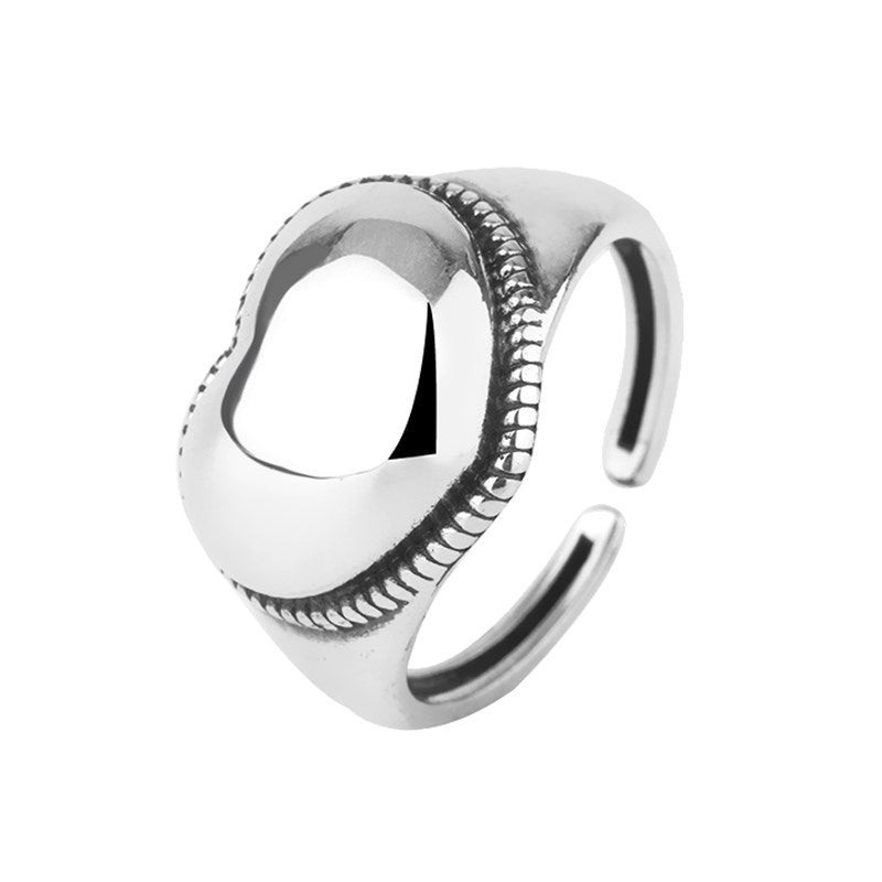 Vintage Style Heart Shape Wide Band Ring For Women In Antique Silver Plated Copper With Electroplated Finish