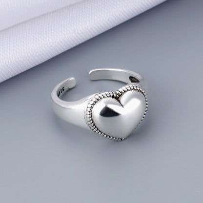 Vintage Style Heart Shape Wide Band Ring For Women In Antique Silver Plated Copper With Electroplated Finish