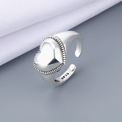 Vintage Style Heart Shape Wide Band Ring For Women In Antique Silver Plated Copper With Electroplated Finish