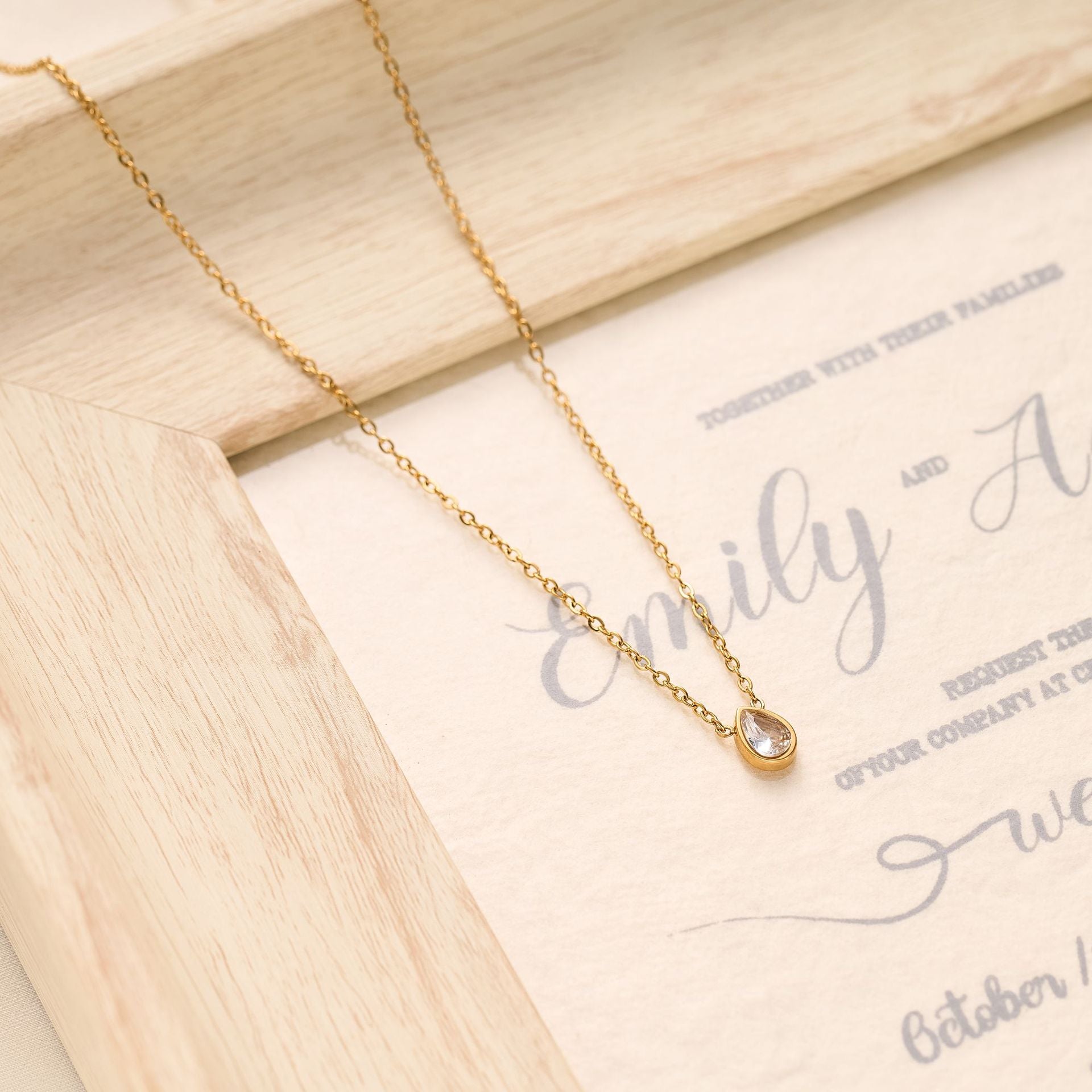 Water Droplets Necklace For Women In Gold Titanium Steel With Waterproof Non Tarnish Finish And Rhinestone Inlay On Cable Chain