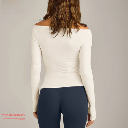 Women’s Solid Color Off Shoulder T-shirt In White Nylon Fabric, Pullover Style Yoga Top