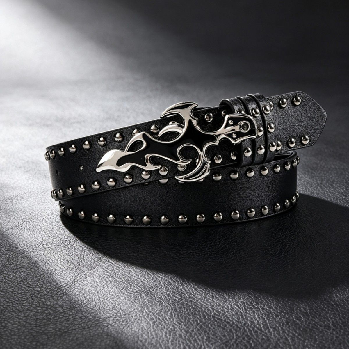 Men's Punk Skull Belt In Dyed Black PU Leather With Snap Buckle