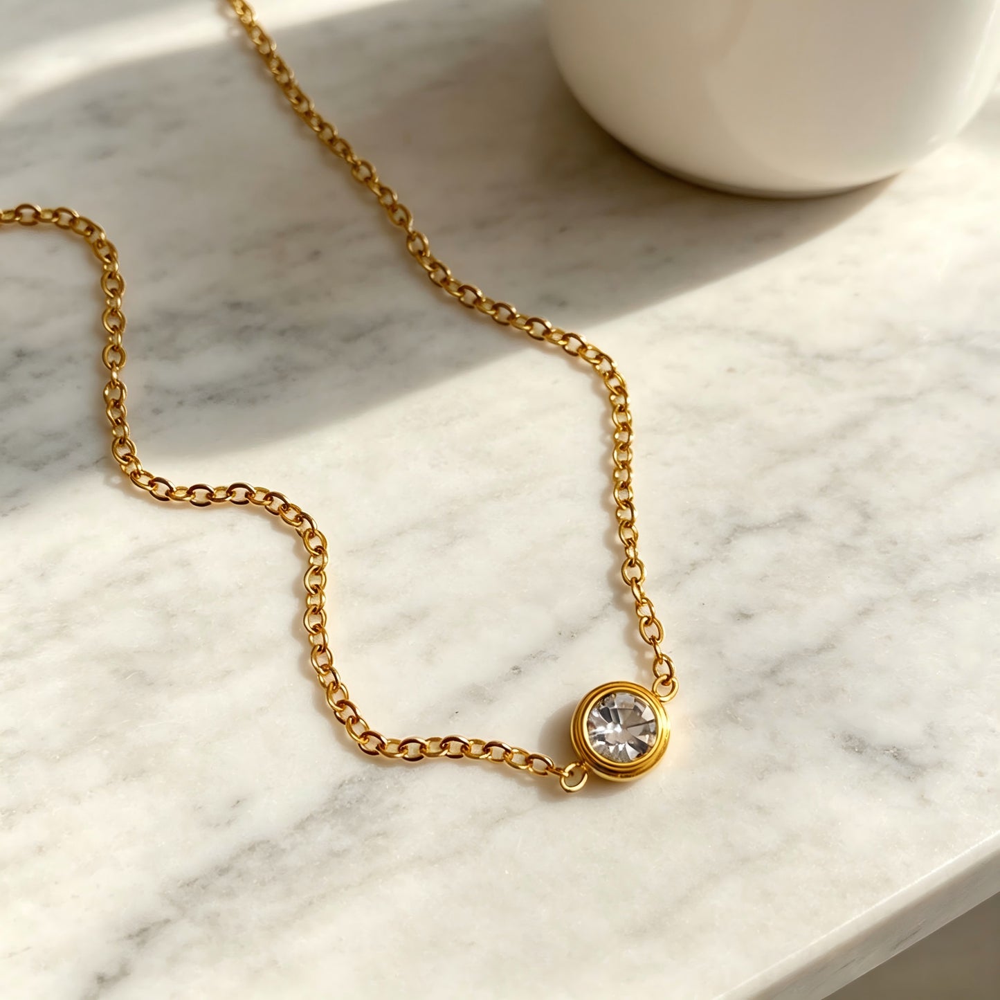 Geometric Gold Pendant Necklace In Titanium Steel With Zircon Inlay And Claw Setting, Featuring Coffee Bean Chain