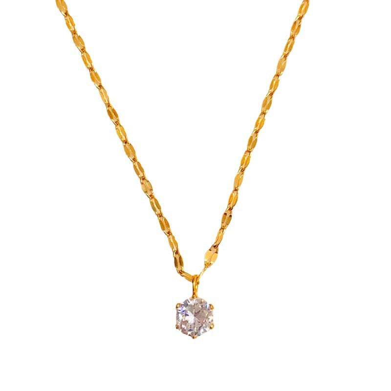 Geometric Gold Pendant Necklace In Titanium Steel With Zircon Inlay And Claw Setting, Featuring Coffee Bean Chain