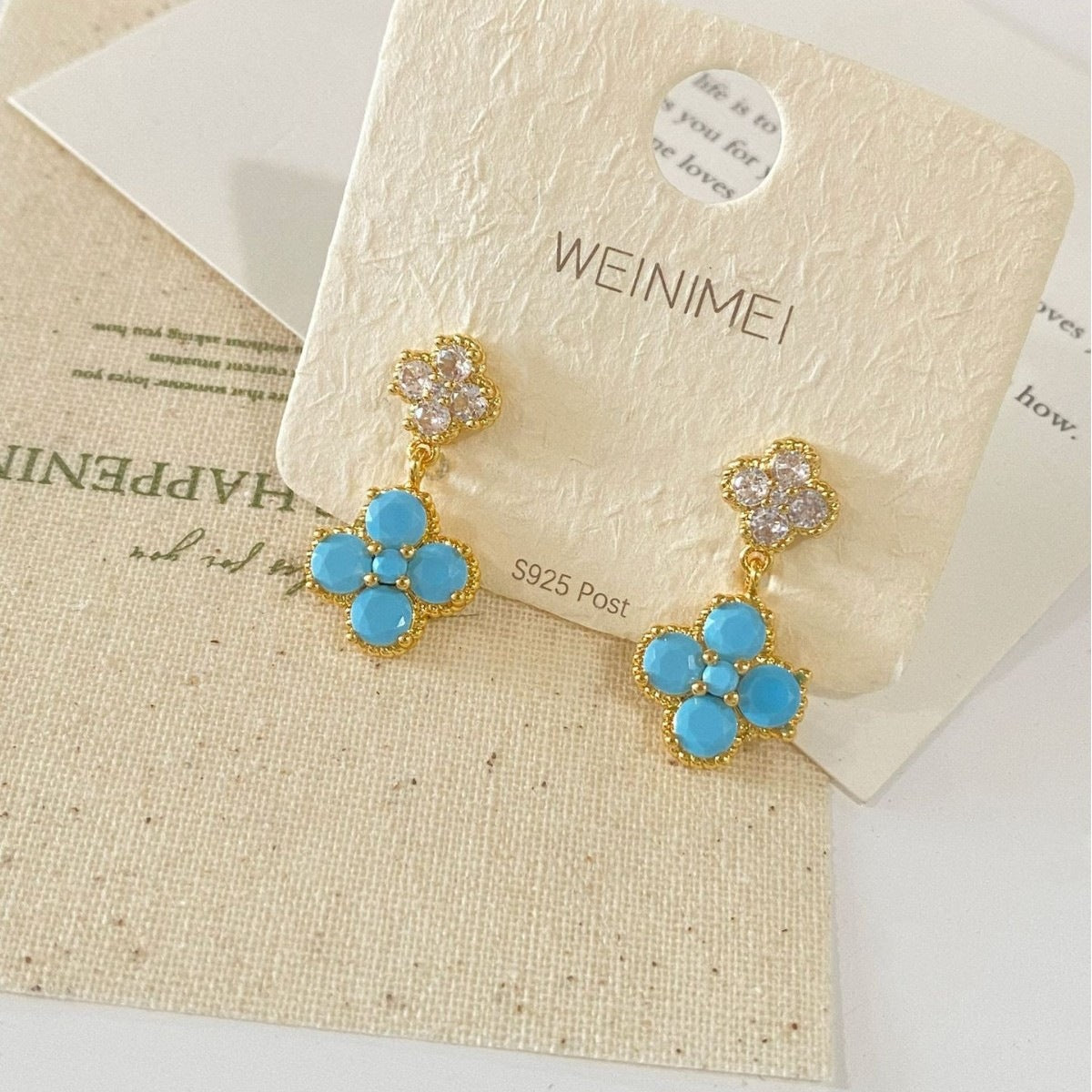 Blue Flower Stud Earrings For Women Featuring Copper Design With Zircon Inlay And 925 Sterling Silver Posts