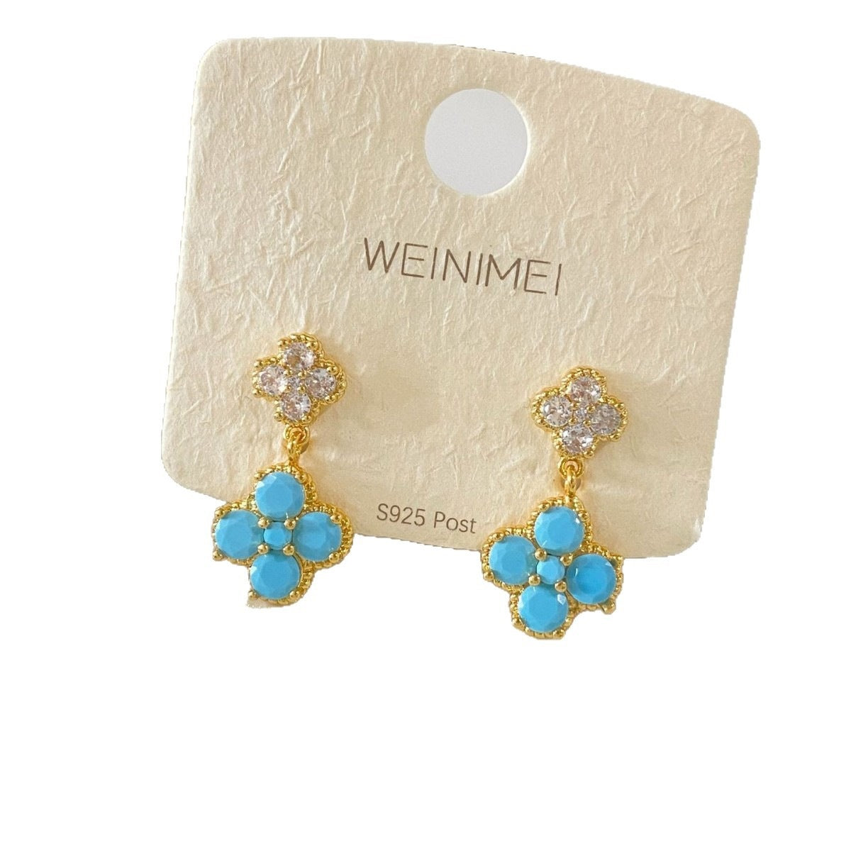 Blue Flower Stud Earrings For Women Featuring Copper Design With Zircon Inlay And 925 Sterling Silver Posts