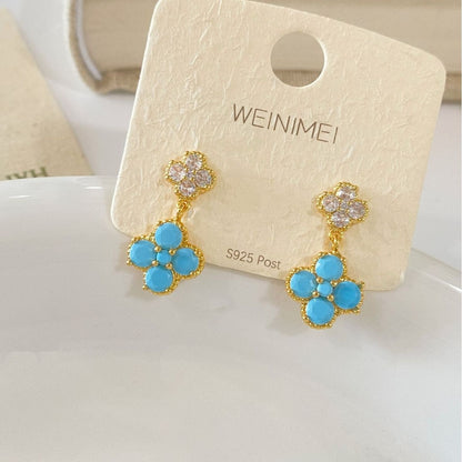 Blue Flower Stud Earrings For Women Featuring Copper Design With Zircon Inlay And 925 Sterling Silver Posts