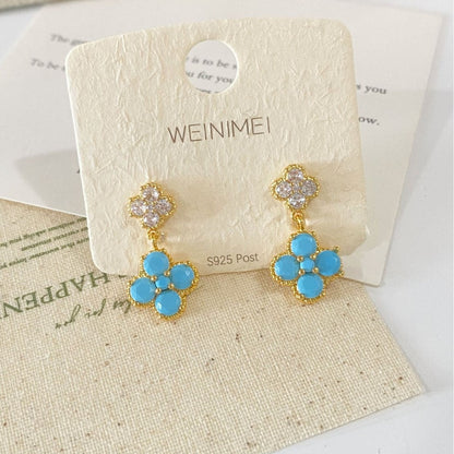Blue Flower Stud Earrings For Women Featuring Copper Design With Zircon Inlay And 925 Sterling Silver Posts