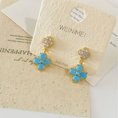 Blue Flower Stud Earrings For Women Featuring Copper Design With Zircon Inlay And 925 Sterling Silver Posts