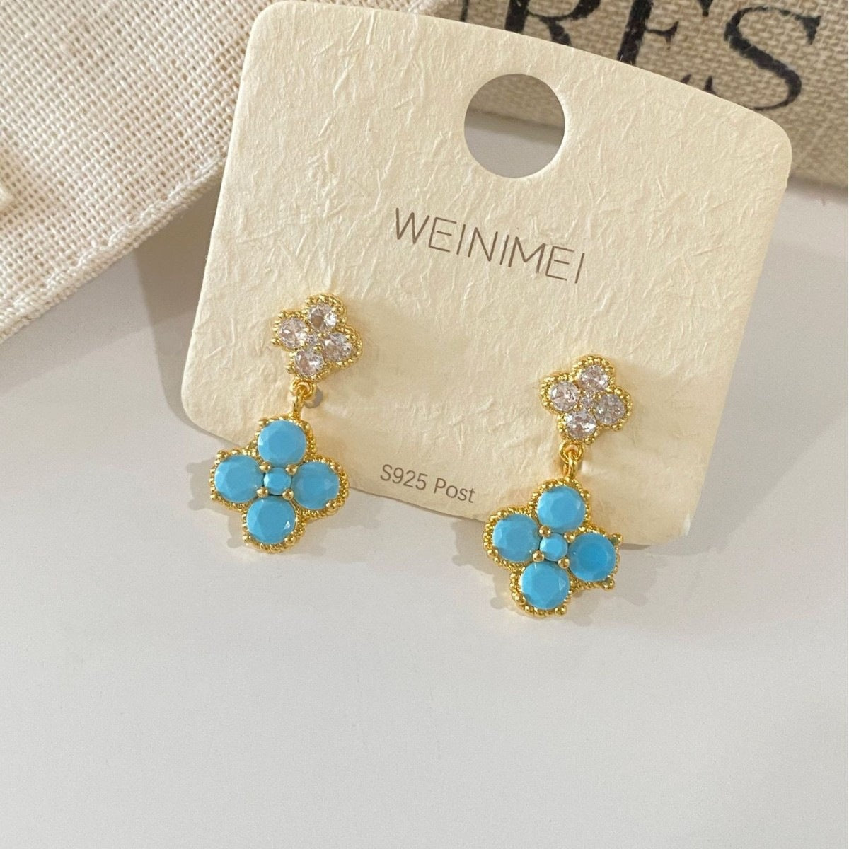 Blue Flower Stud Earrings For Women Featuring Copper Design With Zircon Inlay And 925 Sterling Silver Posts