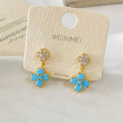 Blue Flower Stud Earrings For Women Featuring Copper Design With Zircon Inlay And 925 Sterling Silver Posts