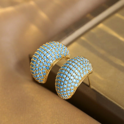 Sweet Moon Stud Earrings For Women In 16K Real Gold Plated Brass With Zircon Inlay And Copper Ear Pins