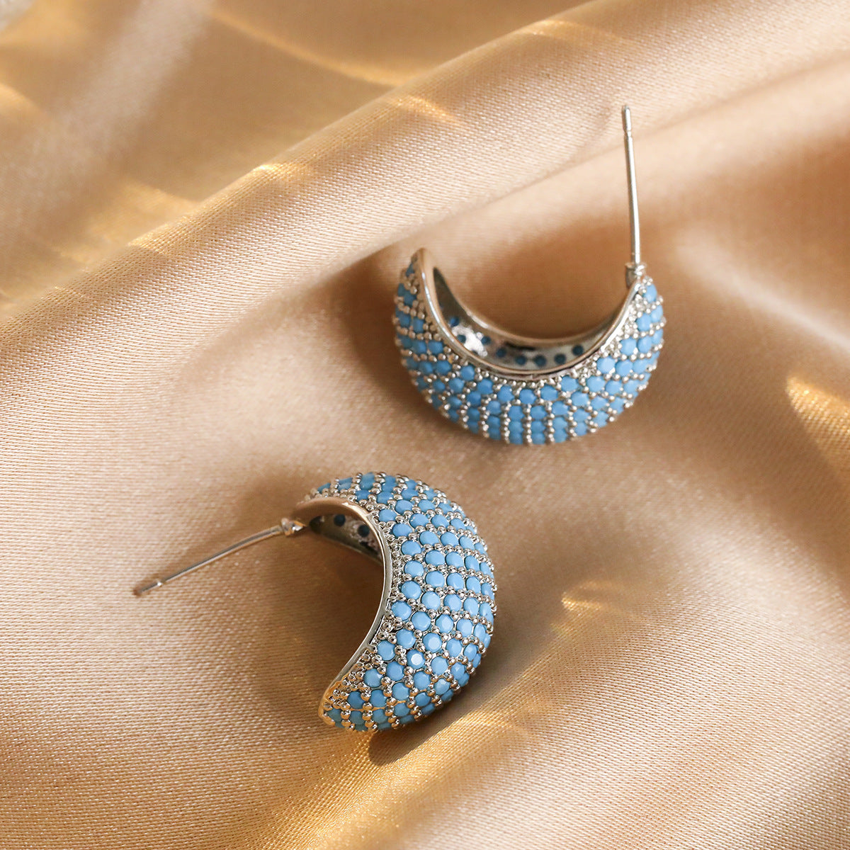 Sweet Moon Stud Earrings For Women In 16K Real Gold Plated Brass With Zircon Inlay And Copper Ear Pins
