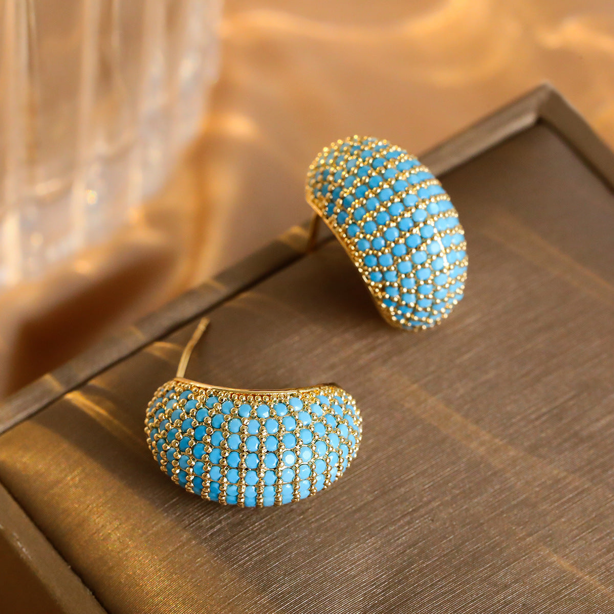 Sweet Moon Stud Earrings For Women In 16K Real Gold Plated Brass With Zircon Inlay And Copper Ear Pins