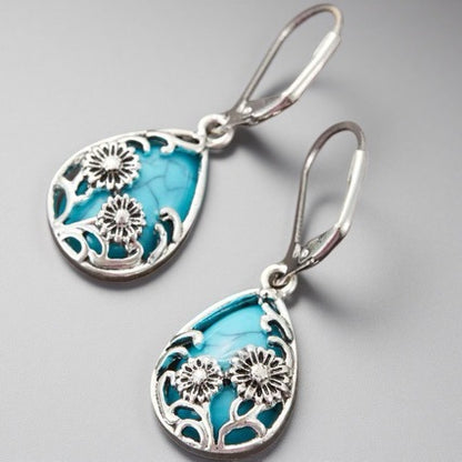 Bohemian Silver Flowers Earrings For Women With 304 Stainless Steel Posts And Turquoise Inlay Alloy Design