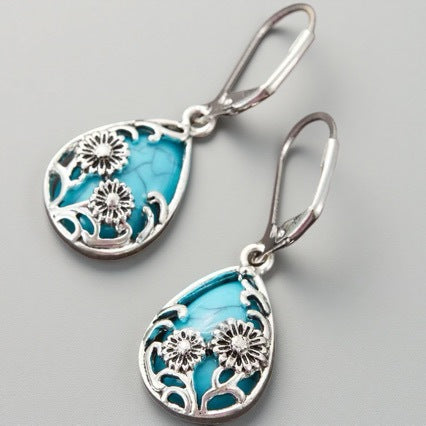 Bohemian Silver Flowers Earrings For Women With 304 Stainless Steel Posts And Turquoise Inlay Alloy Design