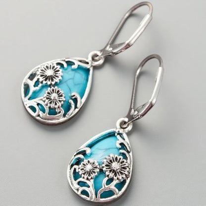 Bohemian Silver Flowers Earrings For Women With 304 Stainless Steel Posts And Turquoise Inlay Alloy Design