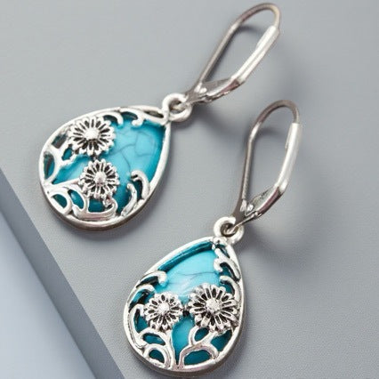 Bohemian Silver Flowers Earrings For Women With 304 Stainless Steel Posts And Turquoise Inlay Alloy Design