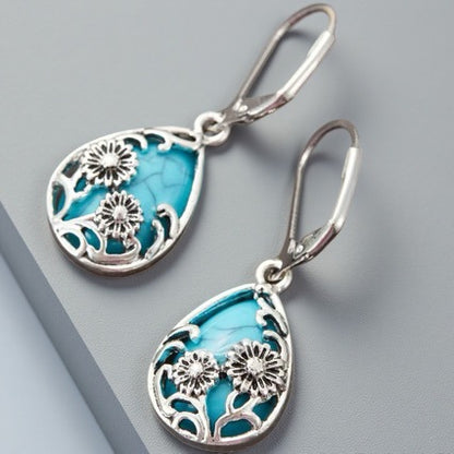Bohemian Silver Flowers Earrings For Women With 304 Stainless Steel Posts And Turquoise Inlay Alloy Design