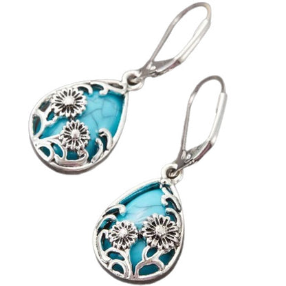 Bohemian Silver Flowers Earrings For Women With 304 Stainless Steel Posts And Turquoise Inlay Alloy Design