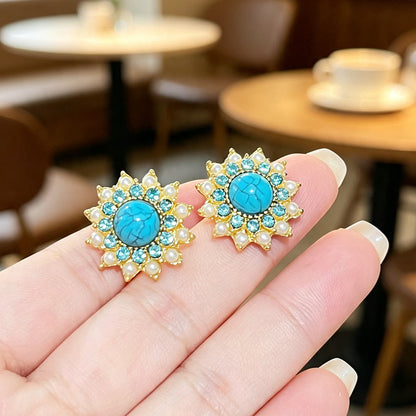Bohemian Sun Stud Earrings For Women In Gold With Turquoise Inlay, Made Of Zinc Alloy