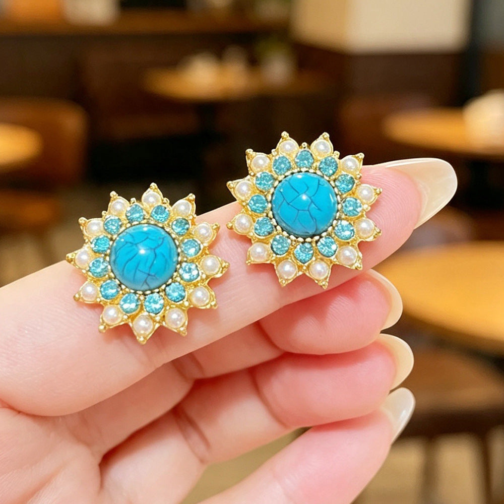 Bohemian Sun Stud Earrings For Women In Gold With Turquoise Inlay, Made Of Zinc Alloy