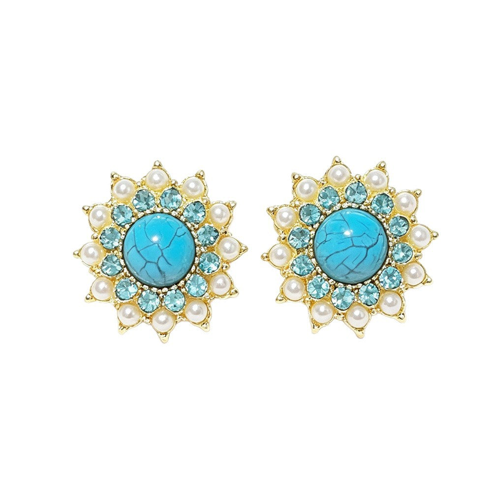 Bohemian Sun Stud Earrings For Women In Gold With Turquoise Inlay, Made Of Zinc Alloy
