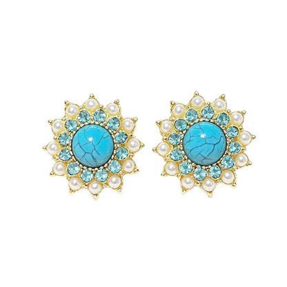 Bohemian Sun Stud Earrings For Women In Gold With Turquoise Inlay, Made Of Zinc Alloy