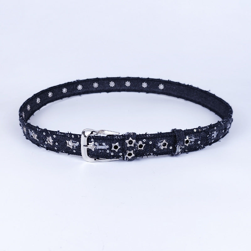 Women’s Denim Belt With Alloy Pin Buckle Featuring Sequins Detail