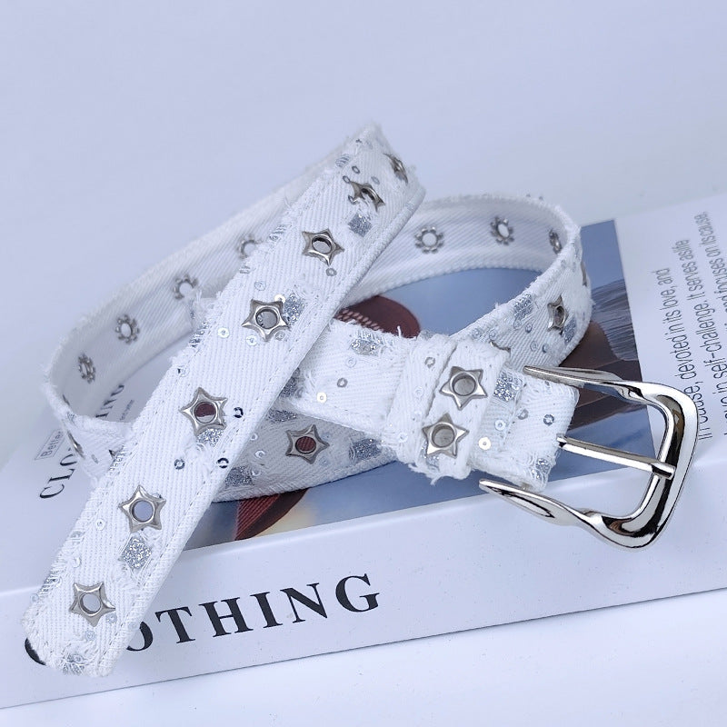 Women’s Denim Belt With Alloy Pin Buckle Featuring Sequins Detail