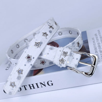 Women’s Denim Belt With Alloy Pin Buckle Featuring Sequins Detail