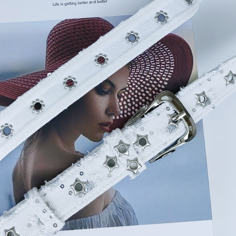 Women’s Denim Belt With Alloy Pin Buckle Featuring Sequins Detail