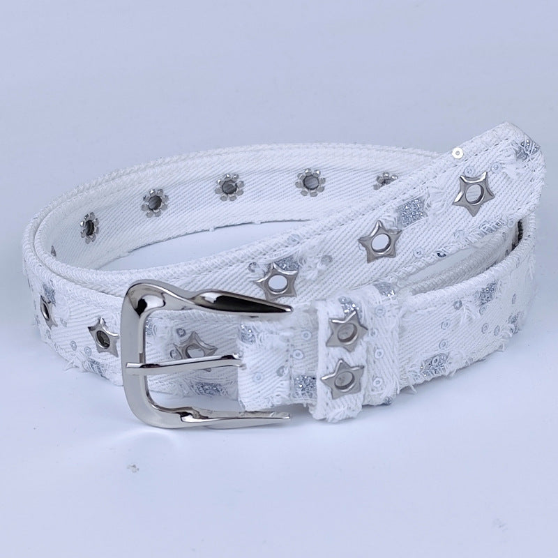 Women’s Denim Belt With Alloy Pin Buckle Featuring Sequins Detail